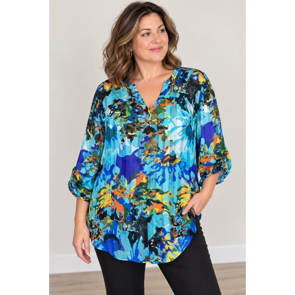 Chico's Blouse Women's Large Abstract Floral Roll Tab Lightweight Sheer Chicos 2